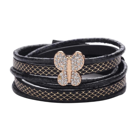 Black Python Leather Wrap Butterfly Charm Bracelet - Picture 1 of 8